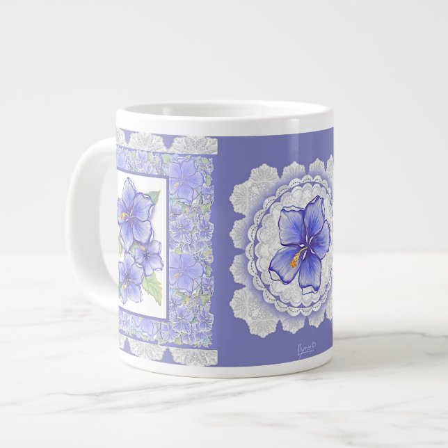 Hibiscus & lace BLUE Giant Coffee Mug (Front Left)