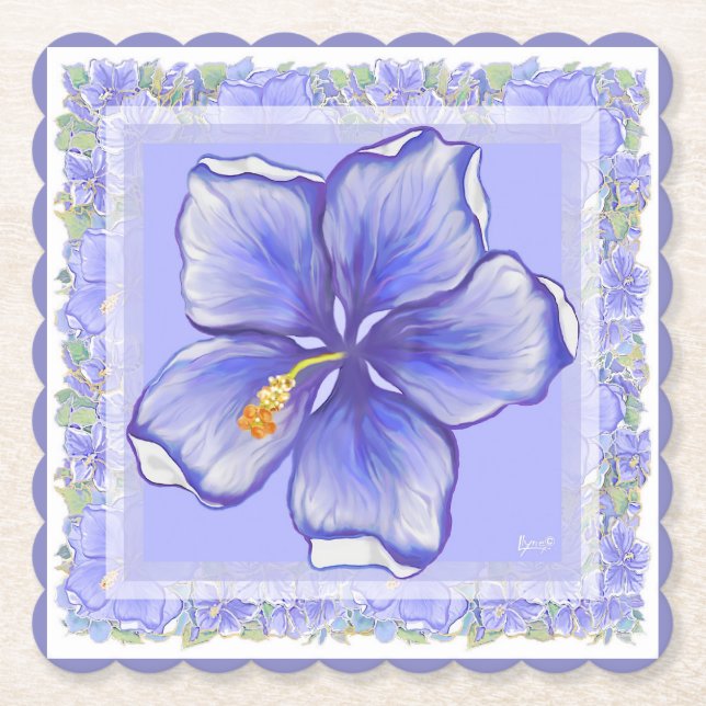 Hibiscus & lace BLUE Paper Coaster (Front)