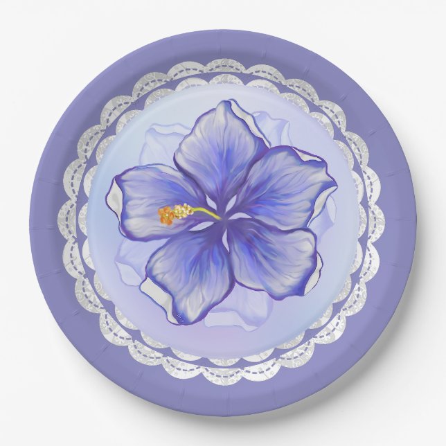 Hibiscus & lace BLUE Paper Plates (Front)
