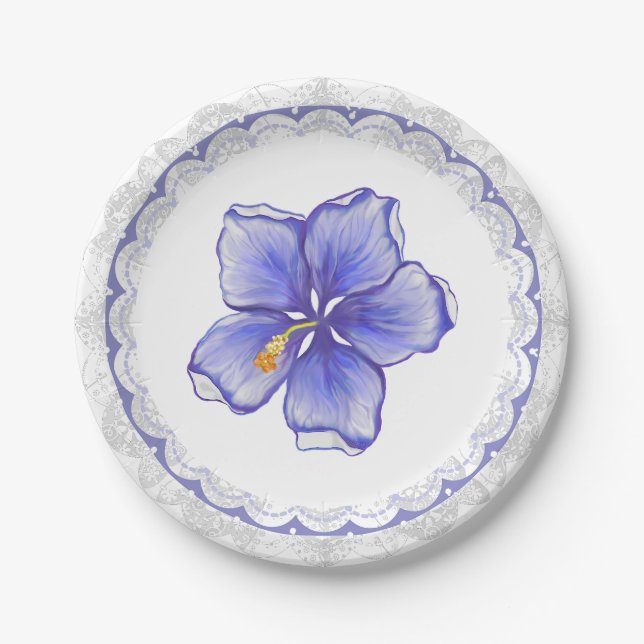 Hibiscus & lace BLUE Paper Plates (Front)