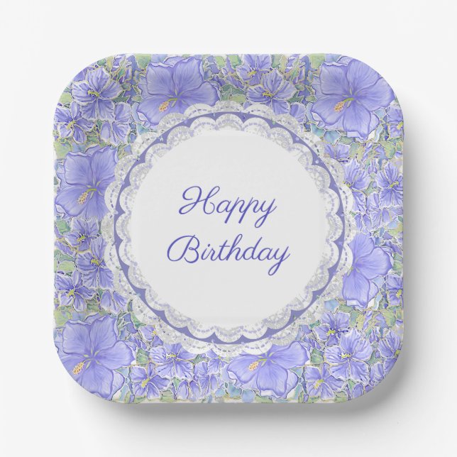 Hibiscus & lace BLUE Paper Plates (Front)