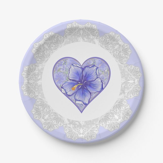 Hibiscus & lace BLUE Paper Plates (Front)