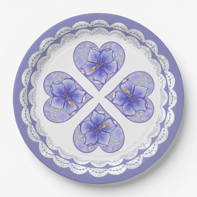 Hibiscus & lace BLUE Paper Plates (Front)