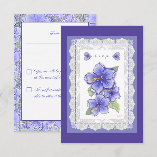 Hibiscus & lace BLUE RSVP Card (Front/Back)