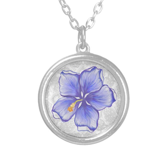 Hibiscus & lace BLUE Silver Plated Necklace (Front)