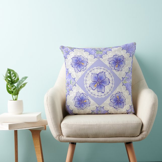 Hibiscus & lace BLUE Throw Pillow (Chair)