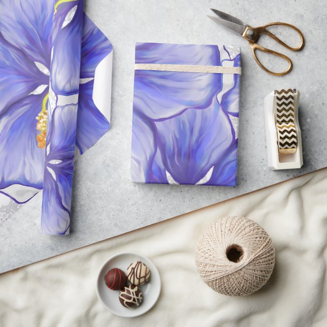Hibiscus & lace BLUE Wrapping Paper (Crafts)