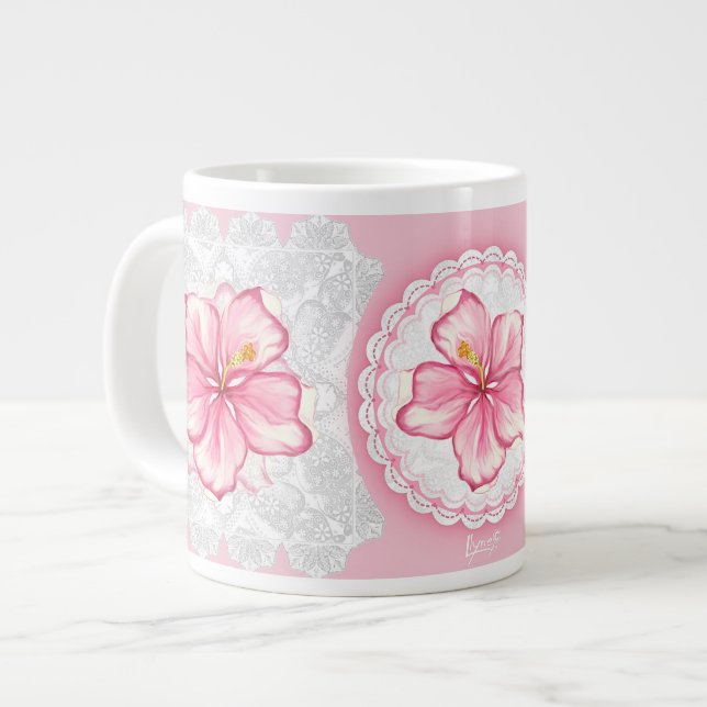 Hibiscus & lace PINK Giant Coffee Mug (Front Left)