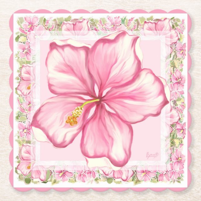 Hibiscus & lace PINK Paper Coaster (Front)