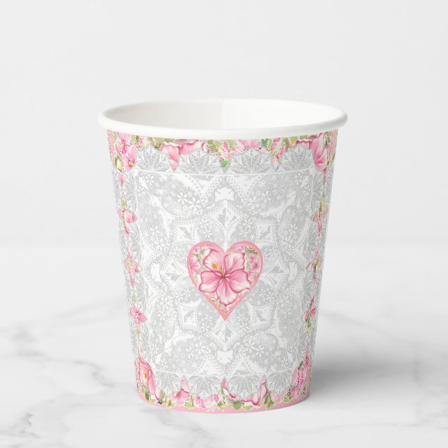 Hibiscus & lace PINK Paper Cups (Left)