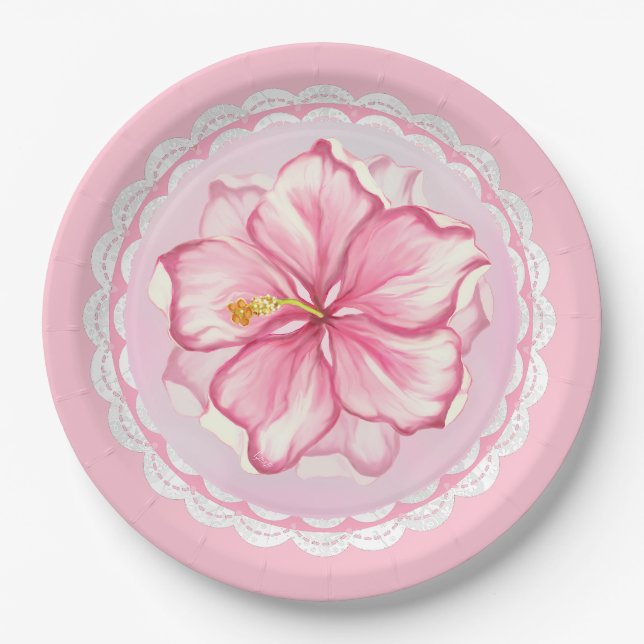 Hibiscus & lace PINK Paper Plates (Front)