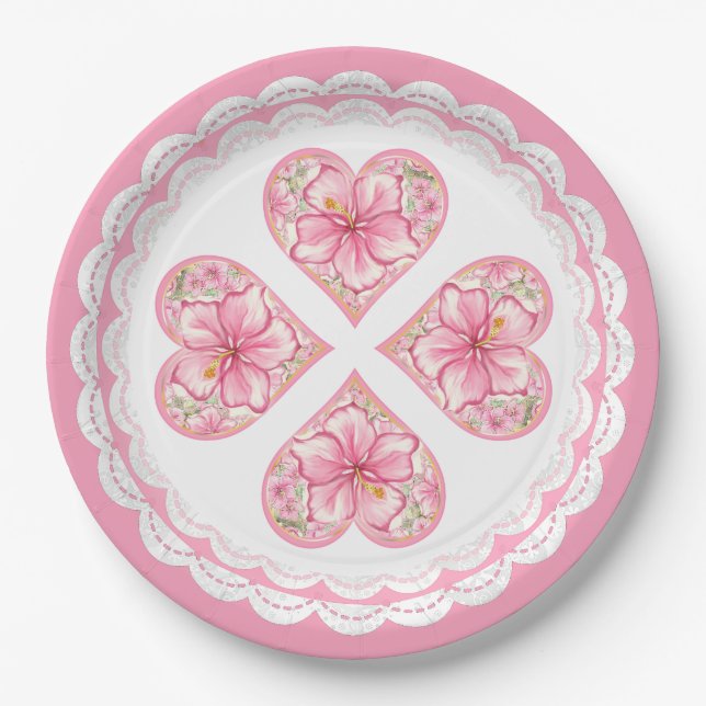 Hibiscus & lace PINK Paper Plates (Front)