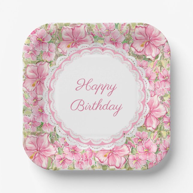 Hibiscus & lace PINK Paper Plates (Front)