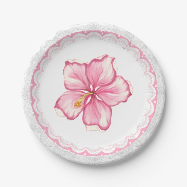 Hibiscus & lace PINK Paper Plates (Front)