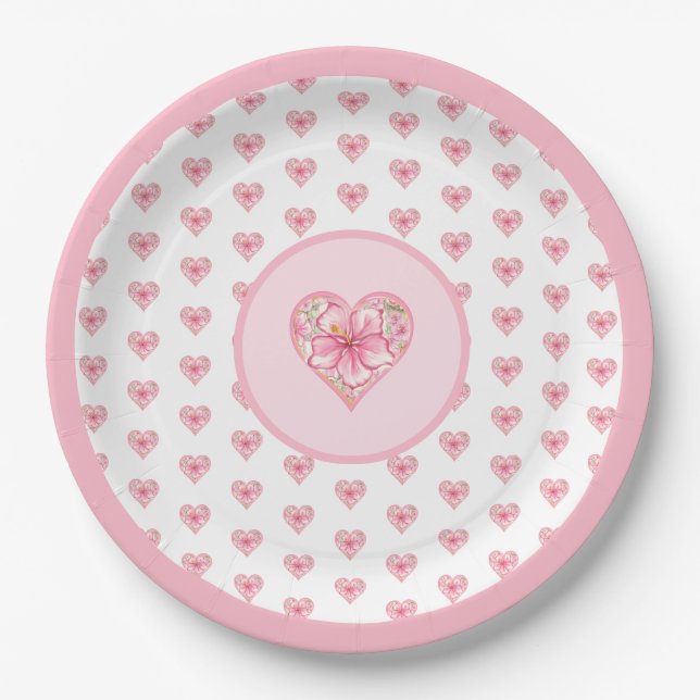 Hibiscus & lace PINK Paper Plates (Front)