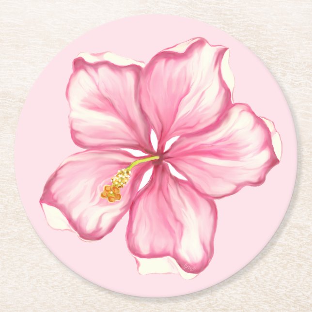 Hibiscus & lace PINK Round Paper Coaster (Front)
