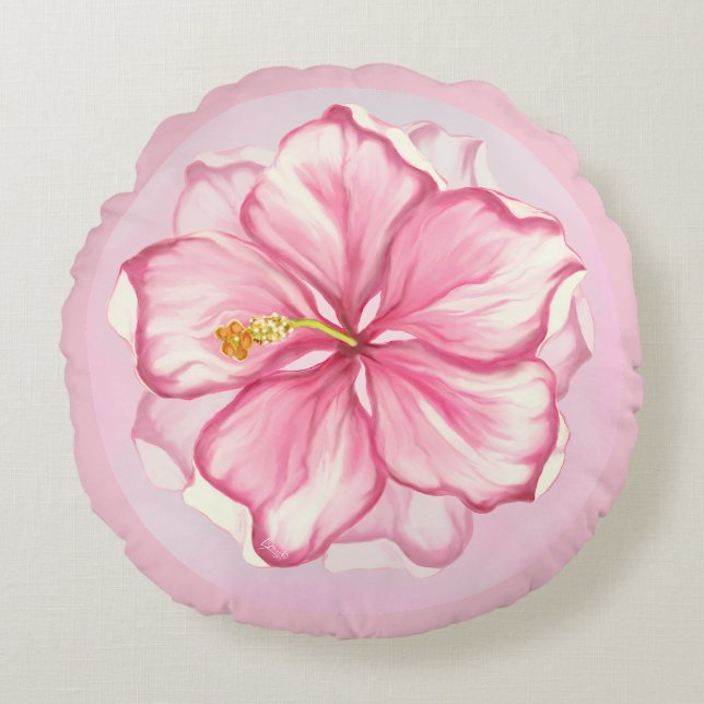 Hibiscus & lace PINK Round Pillow (Front)