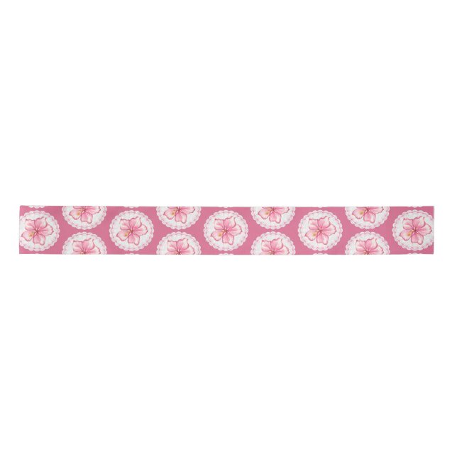 Hibiscus & lace PINK Satin Ribbon (Front)