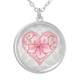 Hibiscus & lace PINK Silver Plated Necklace