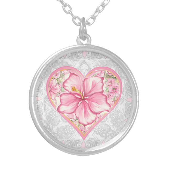 Hibiscus & lace PINK Silver Plated Necklace (Front)