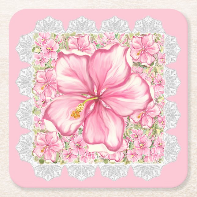Hibiscus & lace PINK Square Paper Coaster (Front)