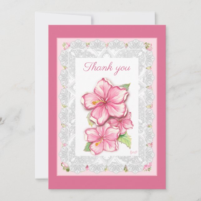 Hibiscus & lace PINK Thank You Card (Front)