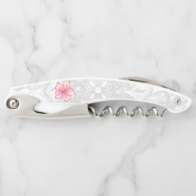 Hibiscus & lace PINK Waiter's Corkscrew (Front)