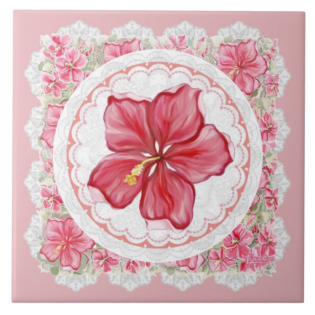 Hibiscus & lace RED Ceramic Tile (Front)