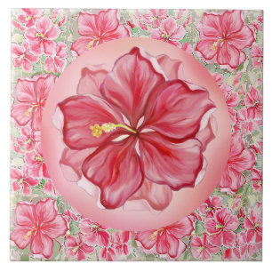 Hibiscus & lace RED Ceramic Tile