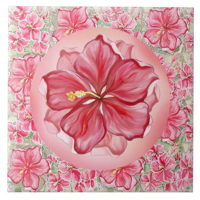 Hibiscus & lace RED Ceramic Tile (Front)