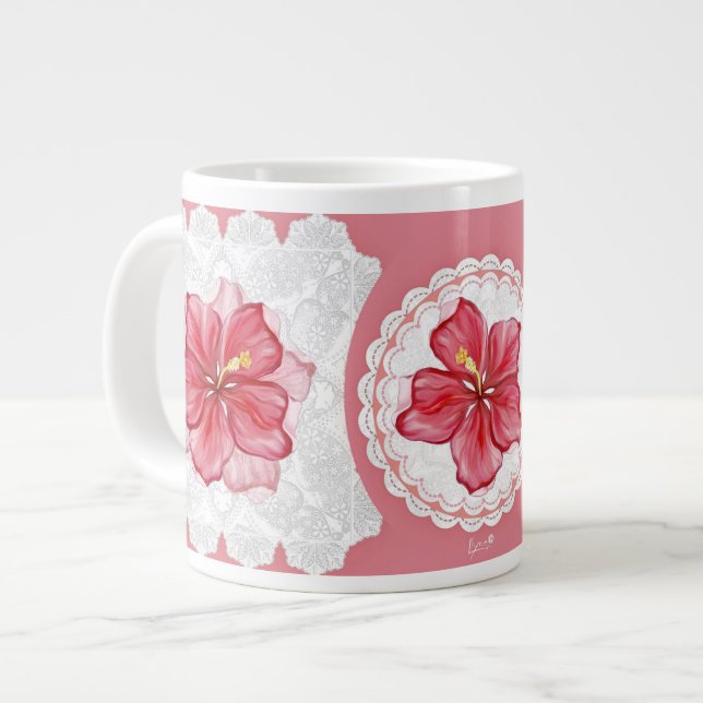 Hibiscus & lace RED Giant Coffee Mug (Front Left)