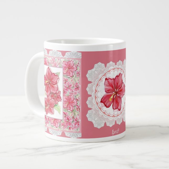 Hibiscus & lace RED Giant Coffee Mug (Front Left)