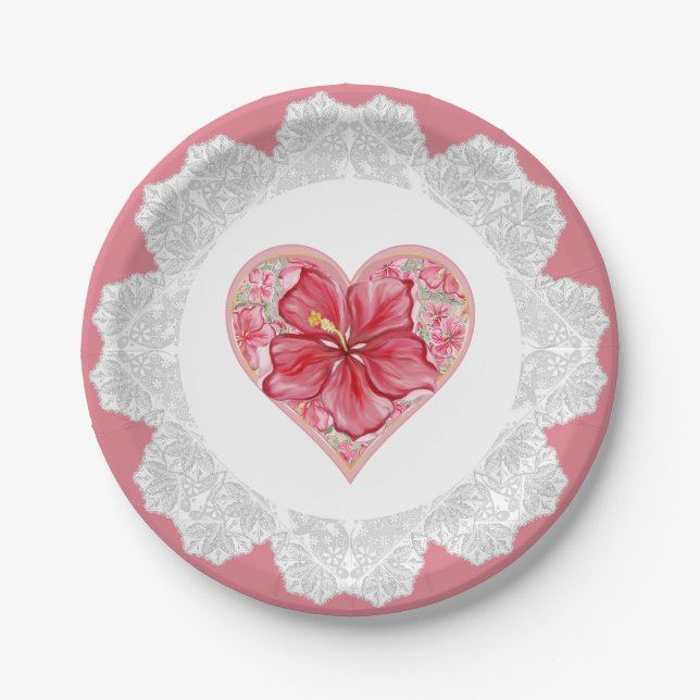 Hibiscus & lace RED Paper Plates (Front)
