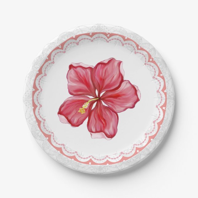 Hibiscus & lace RED Paper Plates (Front)