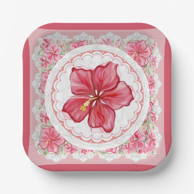 Hibiscus & lace RED Paper Plates (Front)