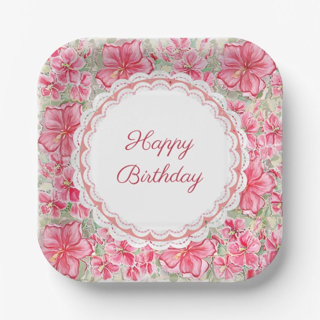 Hibiscus & lace RED Paper Plates (Front)