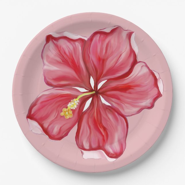 Hibiscus & lace RED Paper Plates (Front)