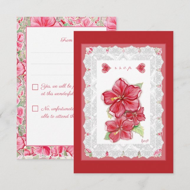 Hibiscus & lace RED RSVP Card (Front/Back)