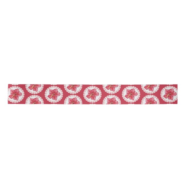 Hibiscus & lace RED Satin Ribbon (Front)