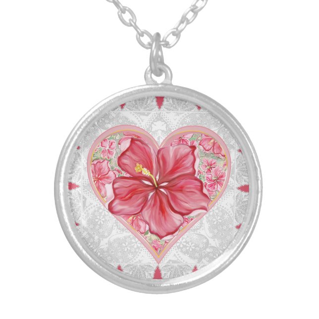 Hibiscus & lace RED Silver Plated Necklace (Front)