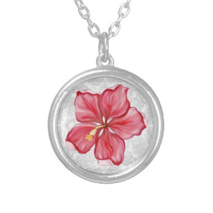 Hibiscus & lace RED Silver Plated Necklace