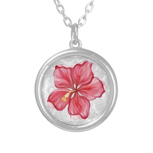 Hibiscus & lace RED Silver Plated Necklace (Front)