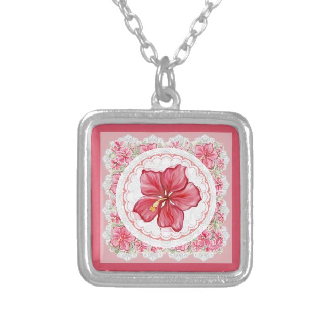 Hibiscus & lace RED Silver Plated Necklace (Front)