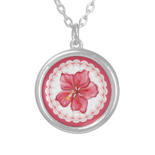 Hibiscus & lace RED Silver Plated Necklace