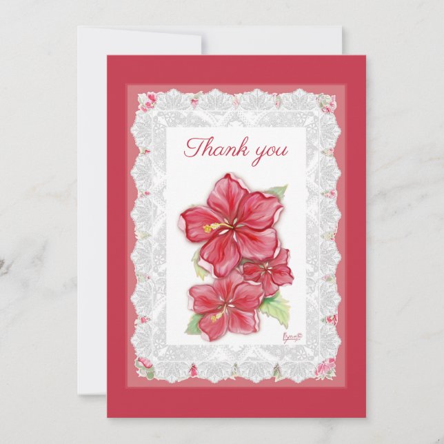 Hibiscus & lace RED Thank You Card (Front)