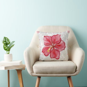 Hibiscus & lace RED Throw Pillow
