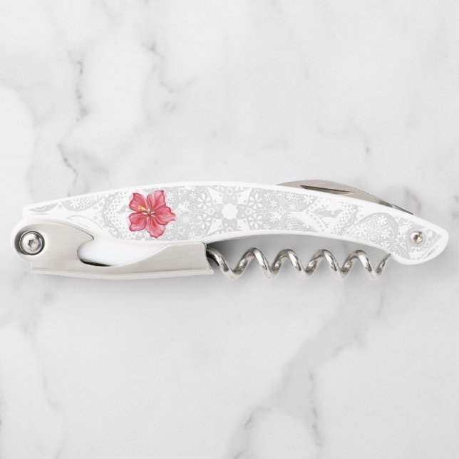 Hibiscus & lace RED Waiter's Corkscrew (Front)