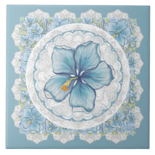 Hibiscus & lace TURQUOISE Ceramic Tile
