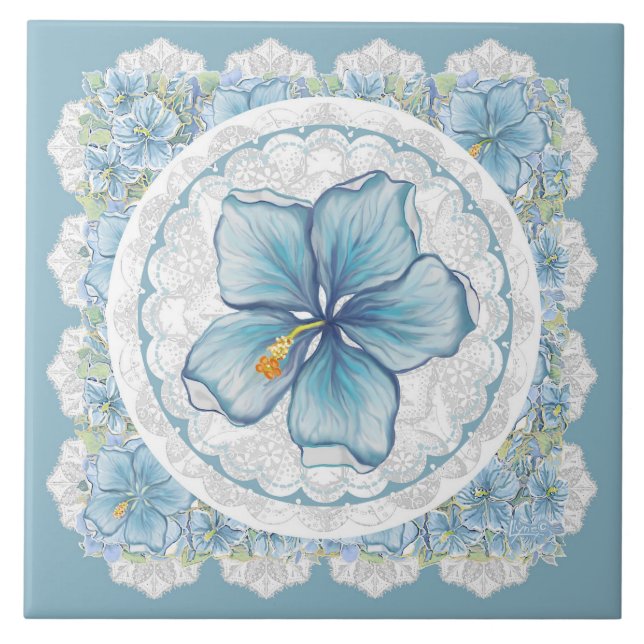 Hibiscus & lace TURQUOISE Ceramic Tile (Front)