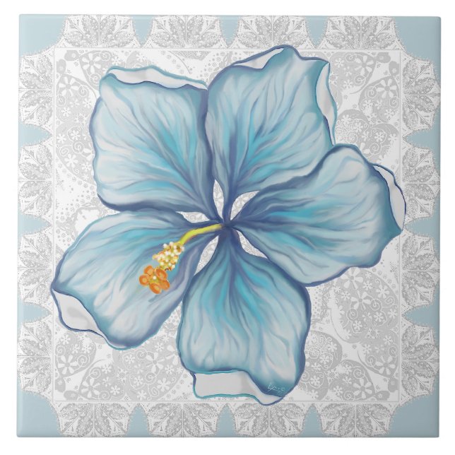 Hibiscus & lace TURQUOISE Ceramic Tile (Front)